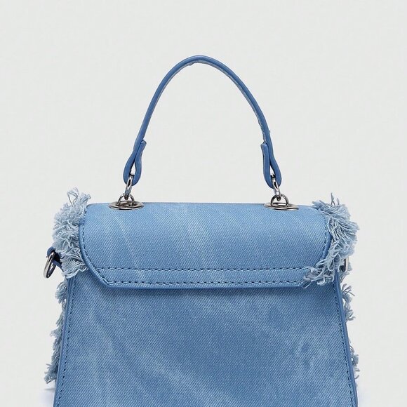 Blue Fashionable Women's Fringed Small Square Chain Crossbody Shoulder Bag - Picture 7 of 9